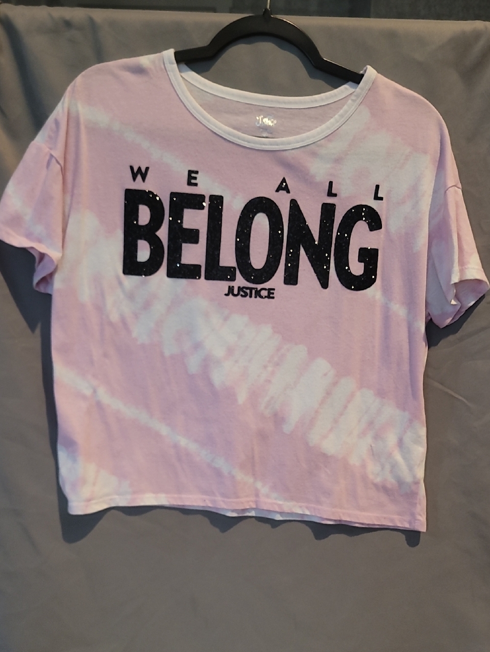 Justice Pink and White Tie-Dye 'We All Belong' Cropped Tee XL (16/18)